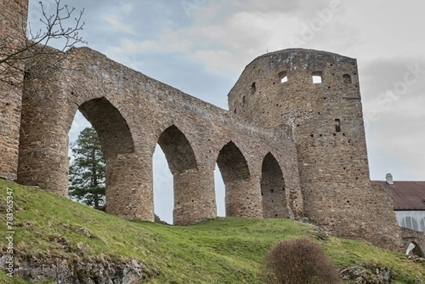 Fototapeta Stone Bridge to the defensive tower of the medieval castle, Czech Republic