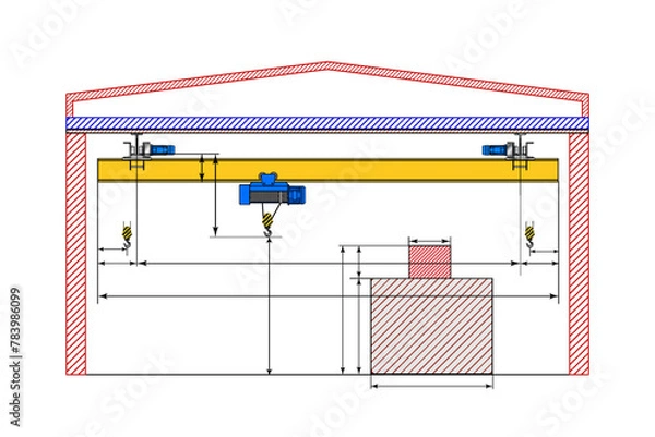 Fototapeta Overhead crane sketch with dimensions. Dimensional drawing.