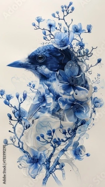 Fototapeta A blue bird is perched on a branch with flowers. The bird is surrounded by blue flowers and leaves, creating a serene and peaceful atmosphere