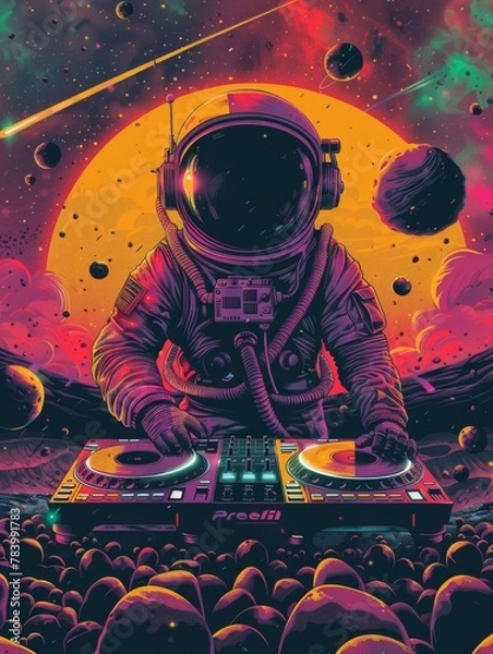 Fototapeta A man in a space suit is playing a DJ set on a planet. The image is a colorful and vibrant representation of a futuristic space scene