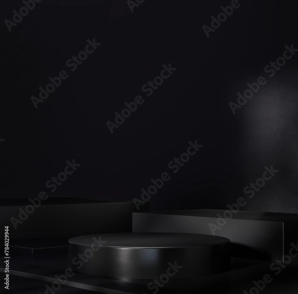 Fototapeta Dark minimal scene for product display presentation. Realistic 3d black product podium on dark background. Abstract scene for product mockup display, featuring a  black geometric shapes. 