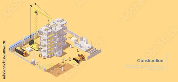 Obraz Isometric vector illustration of a construction site with workers, machinery, and building structure on yellow background, concept of urban development. Vector illustration