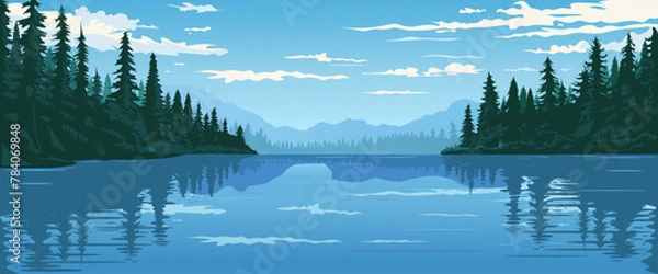 Obraz Vector illustration of a tranquil forest landscape with mountains, pine trees, and a reflective lake under a partly cloudy sky. Vector illustration
