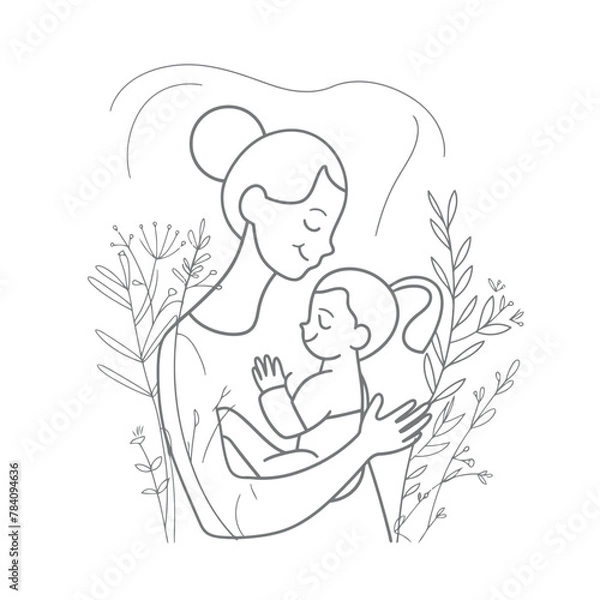 Fototapeta vector line art of mother and kid with flowers background
