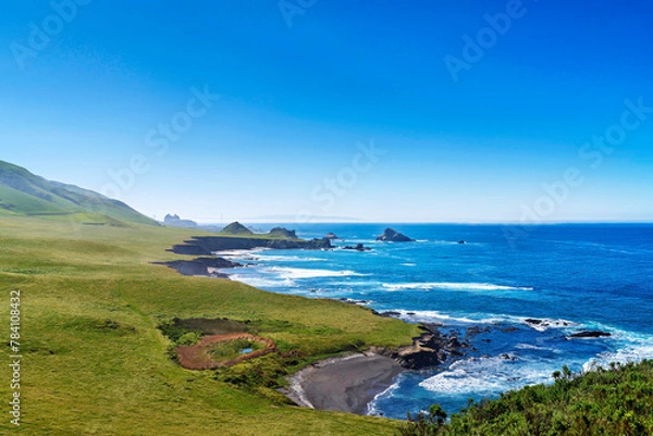 Obraz View of coast, ocean, rolling green grass hills, nuclear power plant