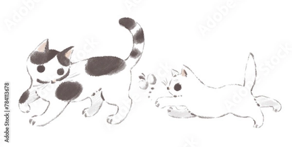 Fototapeta 猫の親子のイラスト　水墨画風