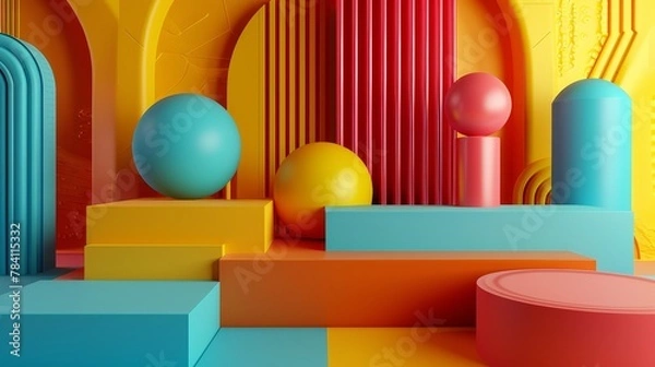 Fototapeta Bright colors and bold shapes in a 3d render  AI generated illustration