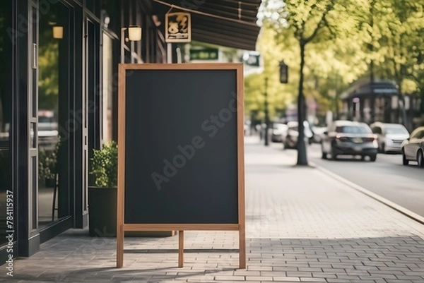 Obraz Blank blackboard restaurant shop sign or menu boards near the entrance to restaurant. Cafe menu on the street. Whiteboard sign mockup in front of a restaurant
