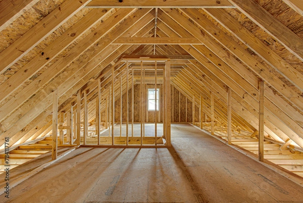Obraz Spacious Attic Under Construction with Exposed Wooden Beams and Framework