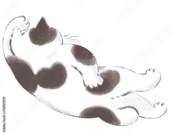 Fototapeta ゴロゴロするブチ猫のイラスト　水墨画風