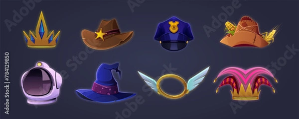 Fototapeta Set of vector hats in cartoon style. Character headdress, 2D game design, RPG, fantasy. Colorful set of isolated caps icons. Queen, sheriff, policeman, scarecrow, astronaut, wizard, angel, jester.