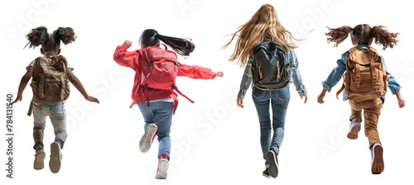 Obraz Back view of different ethnicities and ages school girls running over isolated white transparent background
