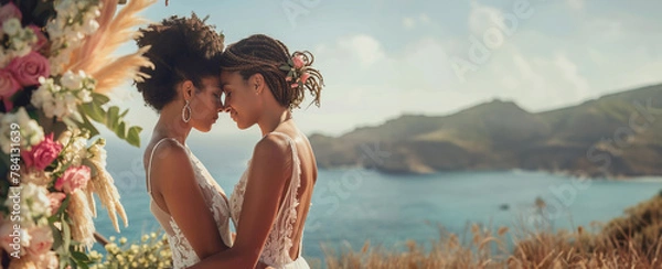 Fototapeta Romantic lesbian couple in their wedding day posing next to an arch of flowers at venue by the sea