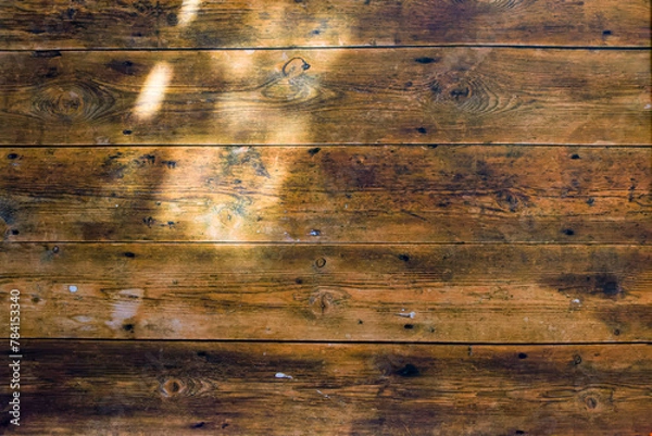 Obraz 木漏れ日が差し込んだ木製壁の背景イメージ　古びた木製板を使用した板壁の背景