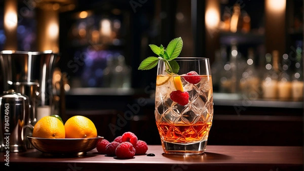 Obraz visually appealing cocktail garnished with fresh fruit
