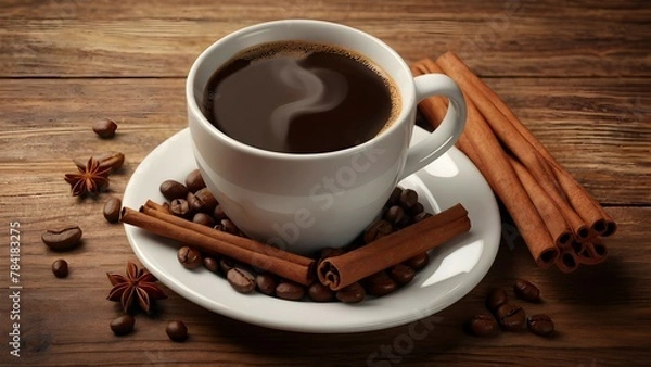 Fototapeta White cup of hot coffee with cinnamon on saucer and beans on wooden table realistic