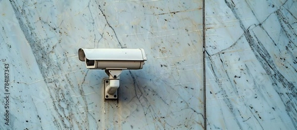 Fototapeta Surveillance camera is fixed on the side of a tall urban building, overlooking the street below
