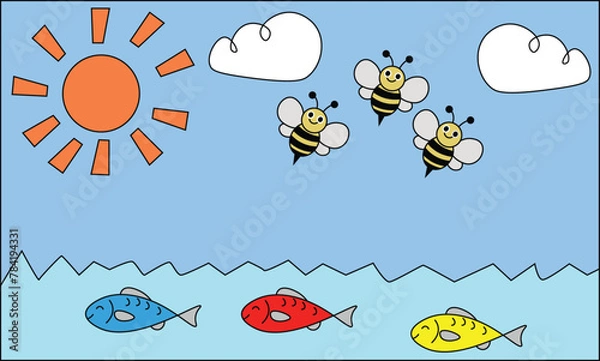 Fototapeta Children illustration easy drawing. Set of four seasons