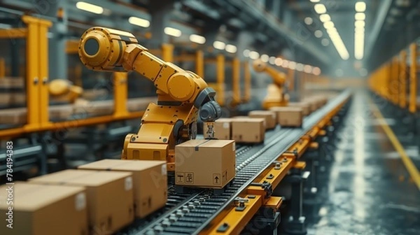 Fototapeta Work on smart warehouse. Robot arm places boxes on pallets. Automation logistics on smart stock storage.