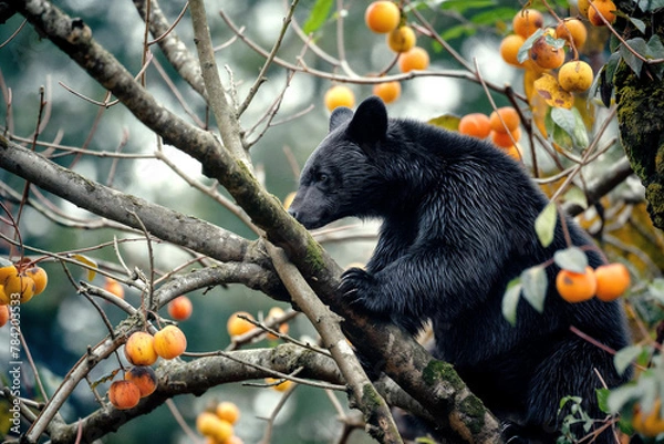 Obraz 柿の木に登るツキノワグマ｜獣害