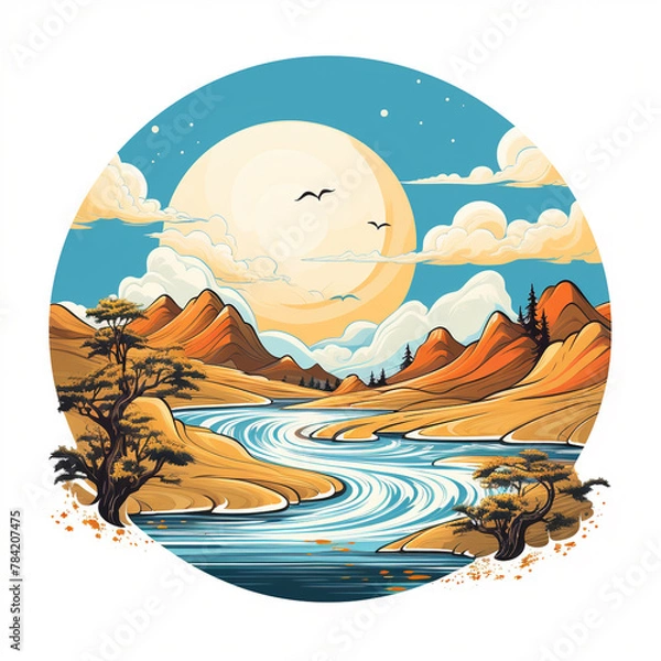 Fototapeta Desert landscape with river and mountains. Vector illustration in cartoon style