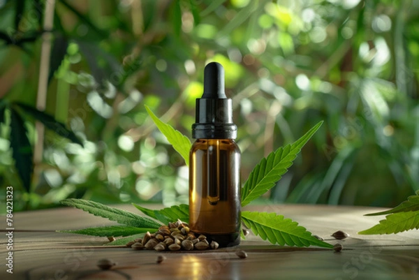 Obraz Brown glass pipette dropper bottle with hemp oil inside stands on the center of the wooden table near seeds and leaves.