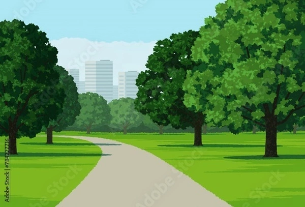 Obraz 公園の木々と道とビル