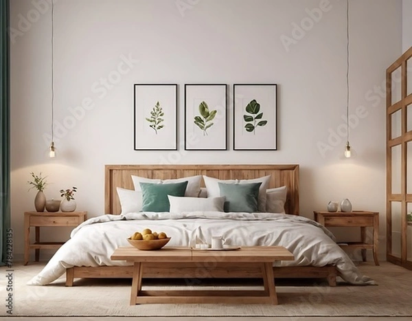 Fototapeta Frame mockup, ISO A paper size. Living room wall poster mockup. Interior mockup with house background. Modern interior design. 3D render