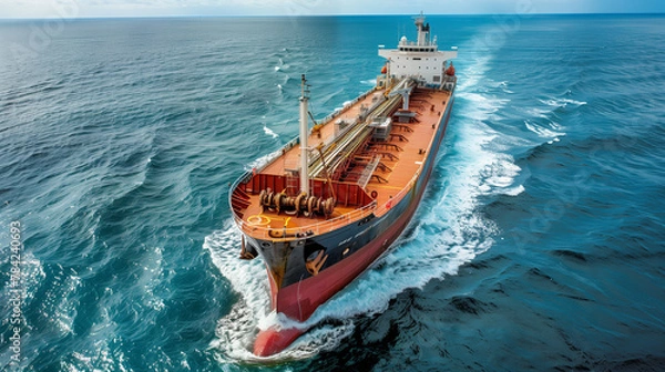 Fototapeta Empty container ship speeding towards a harbor.