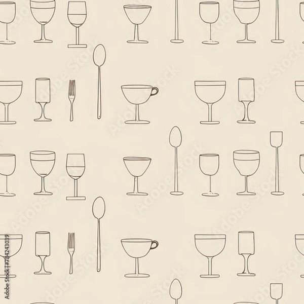 Fototapeta A seamless pattern featuring minimalist line art of coffee cups wine glasses