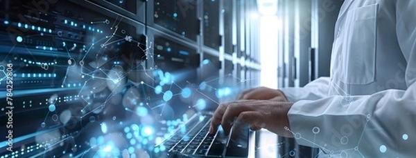Obraz Hands typing on keyboards with digital data streams. Data center management concept
