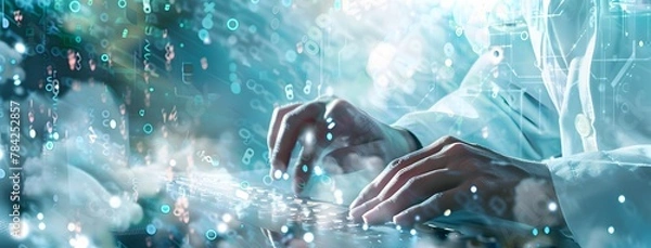 Fototapeta Hands typing on keyboards with digital data streams. Digital twin technology concept