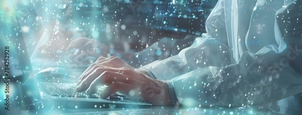 Obraz Digital twin technology in data center management. Hands typing on keyboards