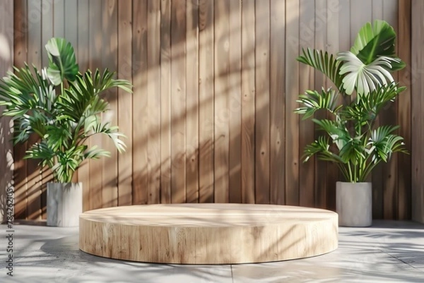 Fototapeta Beautiful round wooden empty podium for product stage, mockup product display