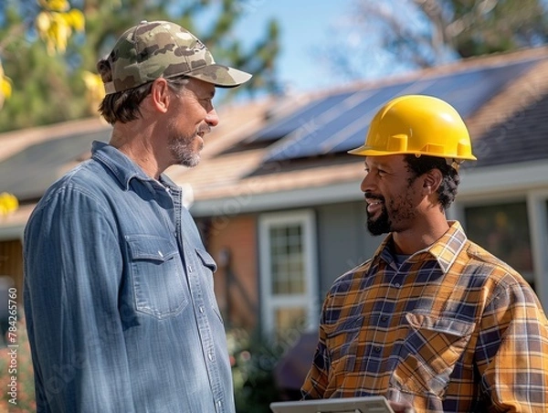Fototapeta A homeowner converses with a construction worker, who is wearing a safety helmet and holding a tablet, likely discussing a home improvement project.