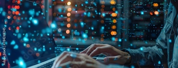 Obraz Person typing on keyboard with laptop in data center. Digital twin technology concept
