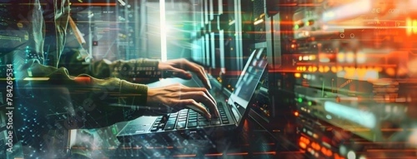 Fototapeta Person typing on keyboard with laptop in data center. Digital twin technology concept
