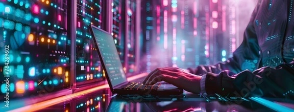 Obraz Digital twin technology for data center control systems. Person typing on keyboard with laptop

