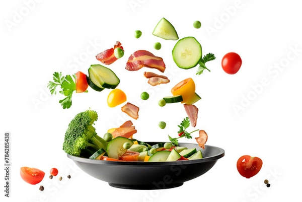 Fototapeta Vegetables fall into a black frying pan on a transparent background. Healthy food concept