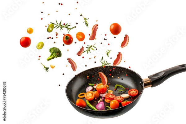Fototapeta Vegetables fall into a black frying pan on a transparent background. Healthy food concept