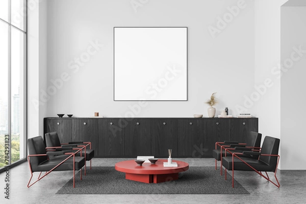 Fototapeta Stylish office interior with armchairs and sideboard, window and mockup frame