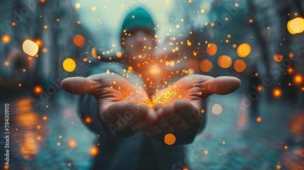 Obraz Magical lights floating from person's hands, mystical energy concept, bokeh and sparkles, enchantment. Magic in everyday life.