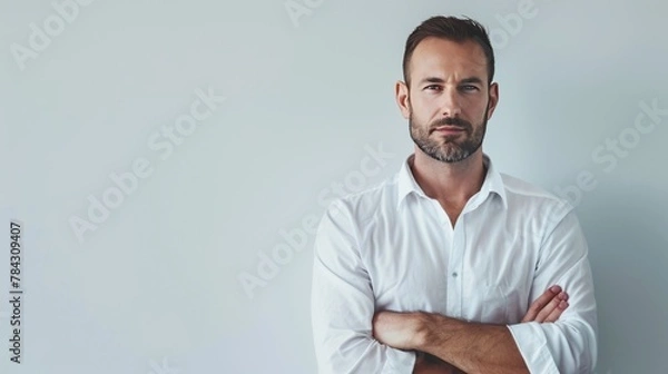Obraz Confident father, casual style, friendly male face, relatable parent persona for UX, white backdrop.