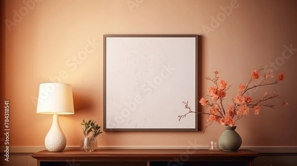 Fototapeta A mock-up of an empty wooden picture frame on a light wall background. A vase with flowers and leaves. The concept of advertising, a place for text.