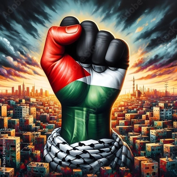 Obraz Resistance hand with Palestine flag illustration, symbolizing resistance adorned with the Palestinian flag. capturing the spirit of resilience and strength in the face of adversity