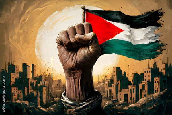 Obraz Resistance hand with Palestine flag illustration, symbolizing resistance adorned with the Palestinian flag. capturing the spirit of resilience and strength in the face of adversity