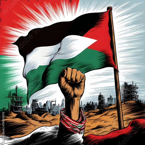 Obraz Resistance hand with Palestine flag illustration, symbolizing resistance adorned with the Palestinian flag. capturing the spirit of resilience and strength in the face of adversity