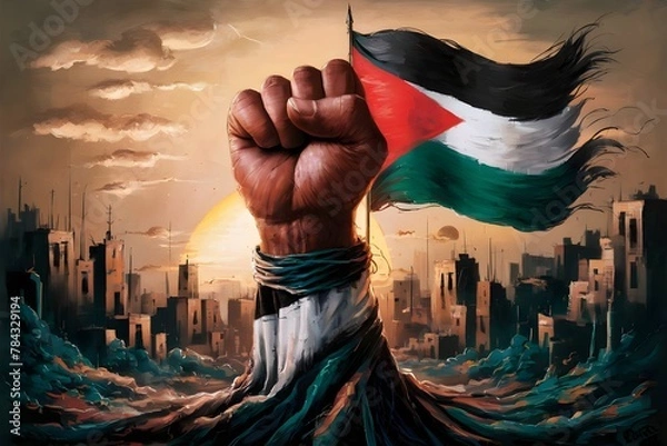 Obraz Resistance hand with Palestine flag illustration, symbolizing resistance adorned with the Palestinian flag. capturing the spirit of resilience and strength in the face of adversity