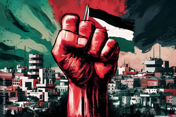 Obraz Resistance hand with Palestine flag illustration, symbolizing resistance adorned with the Palestinian flag. capturing the spirit of resilience and strength in the face of adversity