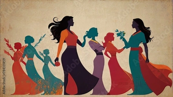 Obraz March 8, women, international women's day, girl power. Set of vector illustrations. Flat design AI generated
